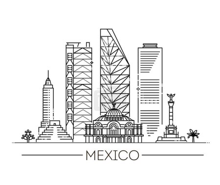 Téléchargez les illustrations : Bannière linéaire de Mexico. Concept de voyages d'affaires et de tourisme avec bâtiments modernes - en licence libre de droit