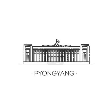 Téléchargez les illustrations : Architecture Pyongyang ligne d'horizon illustration. Paysage urbain vectoriel linéaire avec point de repère célèbre. Pyongyang monument détaillé. Symbole vectoriel plat - en licence libre de droit