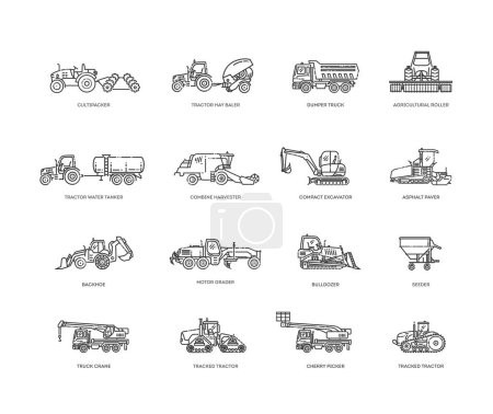 Ilustración de Big Set Of Flat Vector Icons Representing Agricultural And Industrial Vehicles - Imagen libre de derechos