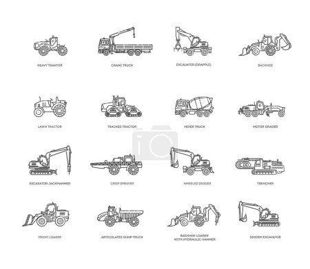 Ilustración de Big Set Of Flat Vector Icons Representing Agricultural And Industrial Vehicles - Imagen libre de derechos