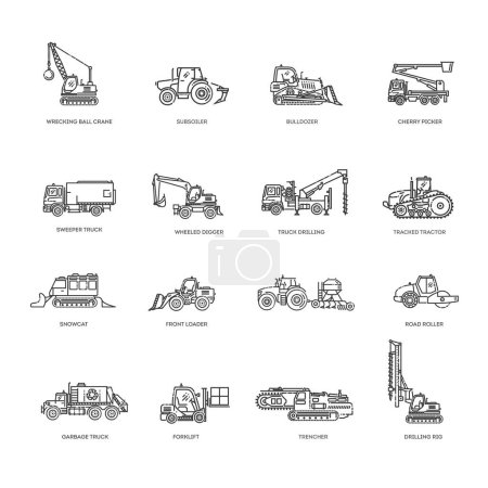 Téléchargez les illustrations : Big Set Of Flat Vector Icons Representing Agricultural And Industrial Vehicles - en licence libre de droit