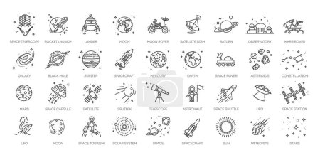 Téléchargez les illustrations : Space Exploration icons Pack. Thin line icon collection. Outline web icon set - en licence libre de droit
