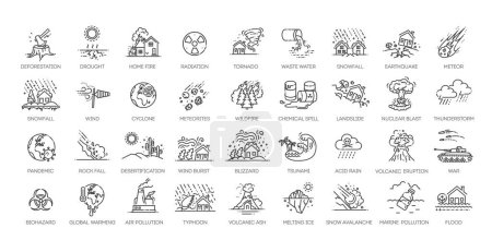 Ilustración de Disaster Icon Pack. Collection of thin line icons related to different disasters - Imagen libre de derechos