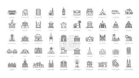 Téléchargez les illustrations : Set of simple outline urban building Icons. Thin line art icons pack. Vector illustration - en licence libre de droit