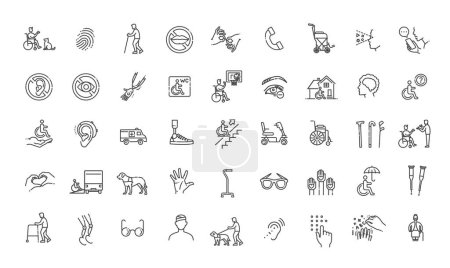 Ilustración de Disabled people Icons bundle. Linear dot style Icons. Vector illustration - Imagen libre de derechos
