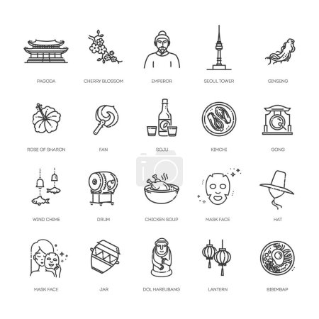 Ilustración de Conjunto de Corea símbolo de línea delgada y píxeles iconos perfectos para cualquier web - Imagen libre de derechos