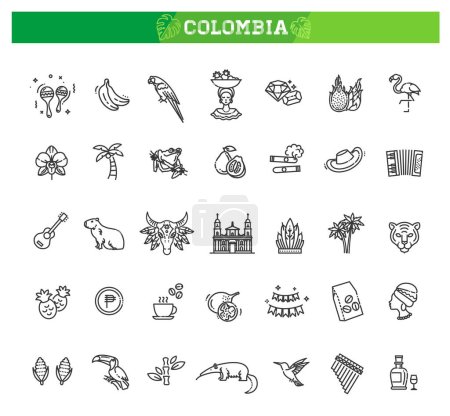Téléchargez les illustrations : Ensemble d'icônes colombiennes. Icônes de style art linéaire - en licence libre de droit