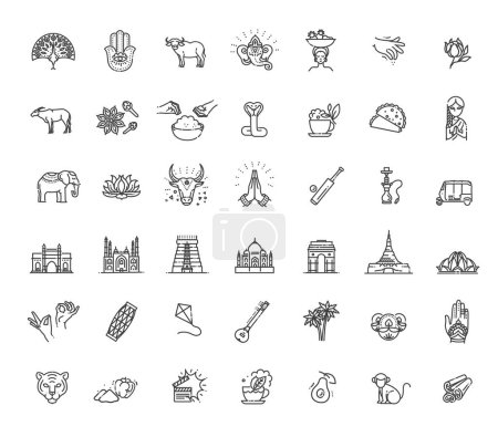 Téléchargez les illustrations : Décrivez les icônes noires dans un style de conception moderne mince, lignes plates symboles vectoriels - collection Inde - en licence libre de droit
