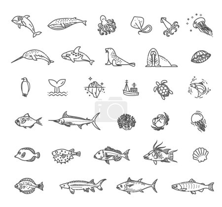 Illustration for Underwater fauna Outline collection. Vector set - Royalty Free Image