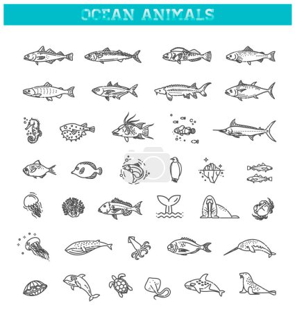 Illustration for Underwater fauna Outline collection. Vector set - Royalty Free Image