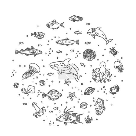 Téléchargez les illustrations : La vie marine. Faune sous-marine Collection Outline - en licence libre de droit