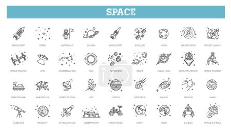 Ilustración de Conjunto de espacio icono vector ilustración en estilo de contorno - Imagen libre de derechos