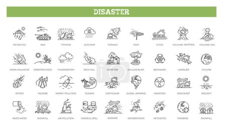 Desaster Icon Pack. Sammlung von Thin-Line-Symbolen zu verschiedenen Katastrophen