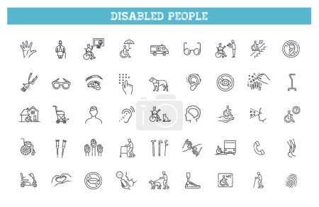 Téléchargez les illustrations : Ensemble d'icônes plates de ligne de vecteur de handicap - en licence libre de droit
