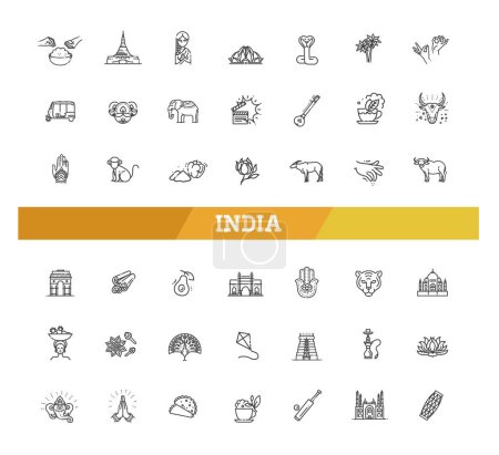 Ilustración de Conjunto de iconos de India. Atracciones indias, diseño de líneas. Turismo en la India, ilustración vectorial aislada. Símbolos tradicionales - Imagen libre de derechos