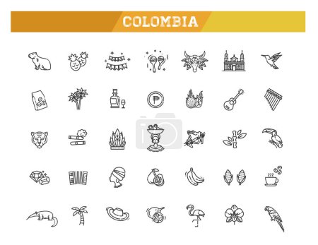 Téléchargez les illustrations : Set of colombia icons. Line art style icons bundle. vector illustration - en licence libre de droit
