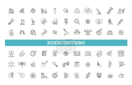 Illustration for Bioengineering icons including drug discovery, ecological consciousness, integration, object, experimental function, explore DNA, functional genomics, genetic comparation, engineering, modification - Royalty Free Image