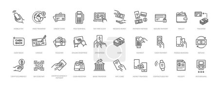 Ilustración de Set de iconos de pago. Cobro de pagos de negocios y finanzas con dinero, banca, tarjeta de crédito, cambio, efectivo y símbolo de transacción - Imagen libre de derechos