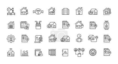 Ilustración de Conjunto de servicios públicos iconos contorno simple. Gas, electricidad, agua, calefacción - Imagen libre de derechos