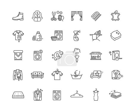 Illustration for Laundry services related vector line icons with ironing, washing machine, dry cleaning, dirty clothing - Royalty Free Image