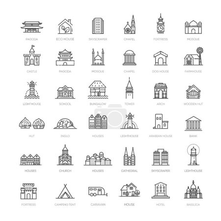 Téléchargez les illustrations : Set of simple outline urban building Icons. Thin line art icons pack. Vector illustration - en licence libre de droit