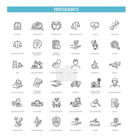 Téléchargez les illustrations : Assurance - ensemble d'icônes. Symboles vectoriels - en licence libre de droit