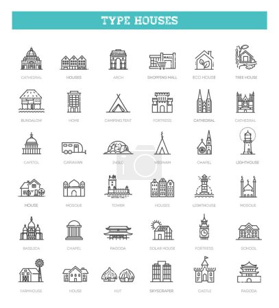 Illustration for Set of simple outline urban building Icons. Thin line art icons pack. Vector illustration - Royalty Free Image