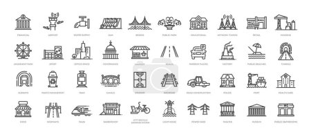 Téléchargez les illustrations : Aperçu de la collection d'icônes. Environnement urbain, développement urbain et transports en commun - en licence libre de droit