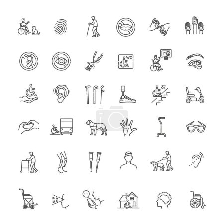 Téléchargez les illustrations : Disabled people Icons bundle. Linear dot style Icons. Vector illustration - en licence libre de droit