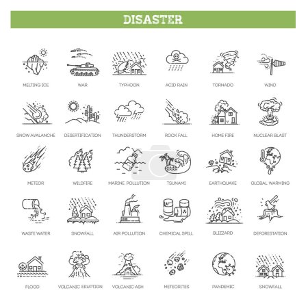 Téléchargez les illustrations : Icône de désastre Pack. Collecte d'icônes de lignes minces liées à différentes catastrophes - en licence libre de droit