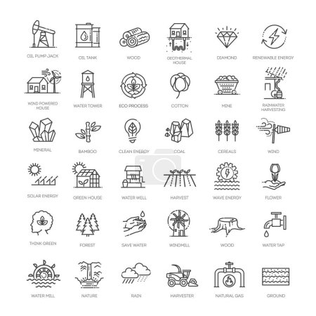 Ilustración de Conjunto de iconos de recursos naturales. Paquete de iconos de estilo arte de línea. ilustración vectorial - Imagen libre de derechos