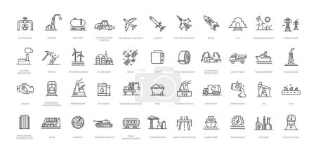 Illustration for Aerospace, shipbuilding, production, mining, industrial icons. Outline icon collection - Royalty Free Image
