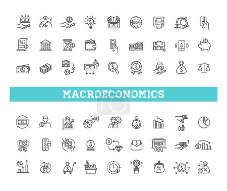 Téléchargez les illustrations : Icônes de la macroéconomie. Symboles de contour vectoriel - en licence libre de droit