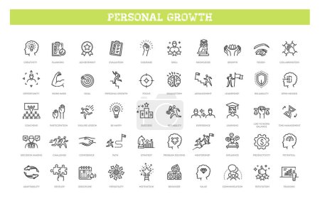 Illustration for Personal Growth symbols. Outline icons about core values - Royalty Free Image