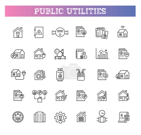 Set of public utilities simple outline icons. Gas, electricity, water, heating