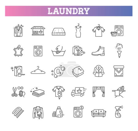 Ilustración de Servicios de lavandería relacionados con los iconos de la línea vectorial con planchado, lavadora, limpieza en seco, ropa sucia - Imagen libre de derechos