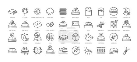 Téléchargez les illustrations : Ensemble d'icônes de literie de contour - en licence libre de droit