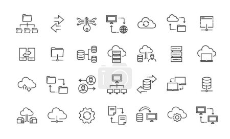 Illustration for Data exchange, traffic, files, cloud, server. Outline icon collection - Royalty Free Image