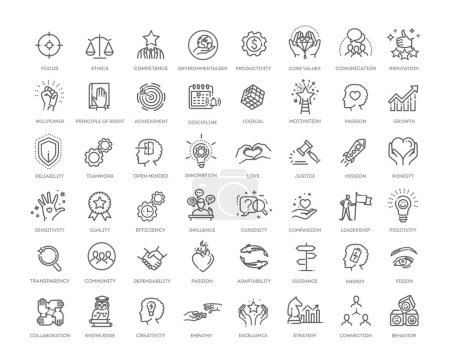 Growth chart, innovation, core values network Vector icons
