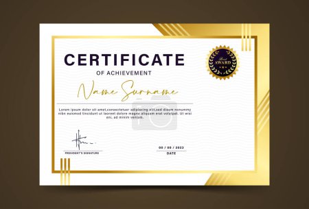 Illustration for Award certificate template gold color gradation with gold badge and border wave line patternBlank - Royalty Free Image