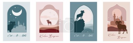 Illustration for Set of Kurban Bayram greeting cards with ram, mosque and landscapes framed in traditional Muslim arch in boho  style, pastel colours - Royalty Free Image
