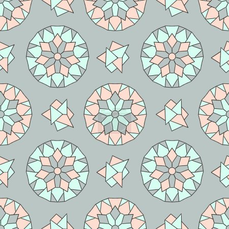 Seamless pattern with a symmetrical contour pattern, pastel background. Unique handmade pattern. Circle. oval, triangle. Coral, pink, turquoise, gray. Gift wrapping, tiles, napkins, tablecloths, wallpaper, fabric are used in printing. curtains, for a