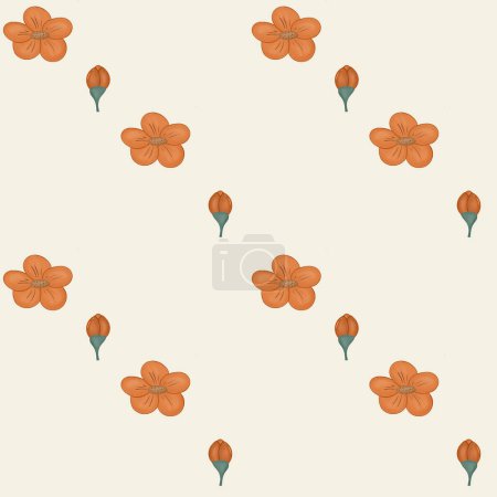 Textilnahtloses Muster mit digitalem Design auf weißem Hintergrund, handgemachtes diagonales Muster, Stoffdesign, orangefarbener Blumenaufdruck. Keine Grenzen.
