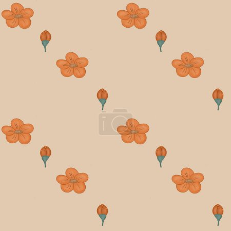 Textile seamless motif with digital design on beige background, handmade diagonal pattern, fabric design, orange flowers print. No limits.