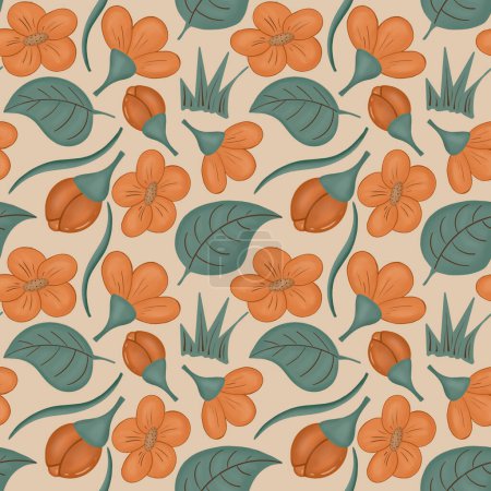 Textile motif with digital beige design, handmade pattern, fabric design on front and back, orange flowers print. No borders, seamless pattern.