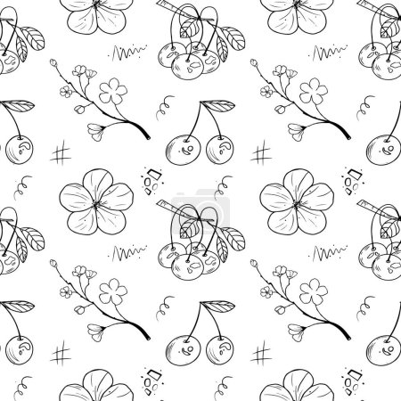 Téléchargez les photos : Baies de cerisier, fleurs de cerisier sur une branche doodle noir et blanc sur un fond transparent. Pour créer des motifs, des bannières.. - en image libre de droit