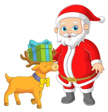 Ilustración de El Santa Claus está tomando un regalo y lo puso en la cabeza del ciervo fuera de la sala de ilustración - Imagen libre de derechos
