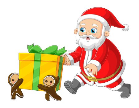 Ilustración de El Santa Claus está corriendo para coger un regalo que es tomado por pequeñas galletas de jengibre de la ilustración - Imagen libre de derechos