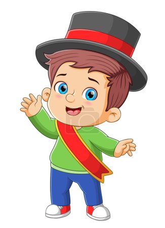 Téléchargez les illustrations : Le garçon mignon fait la magie et montre l'attraction avec le grand chapeau d'illustration - en licence libre de droit