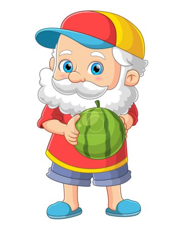 Illustration for The cute old santa without the costume is holding the big watermelon of illustration - Royalty Free Image